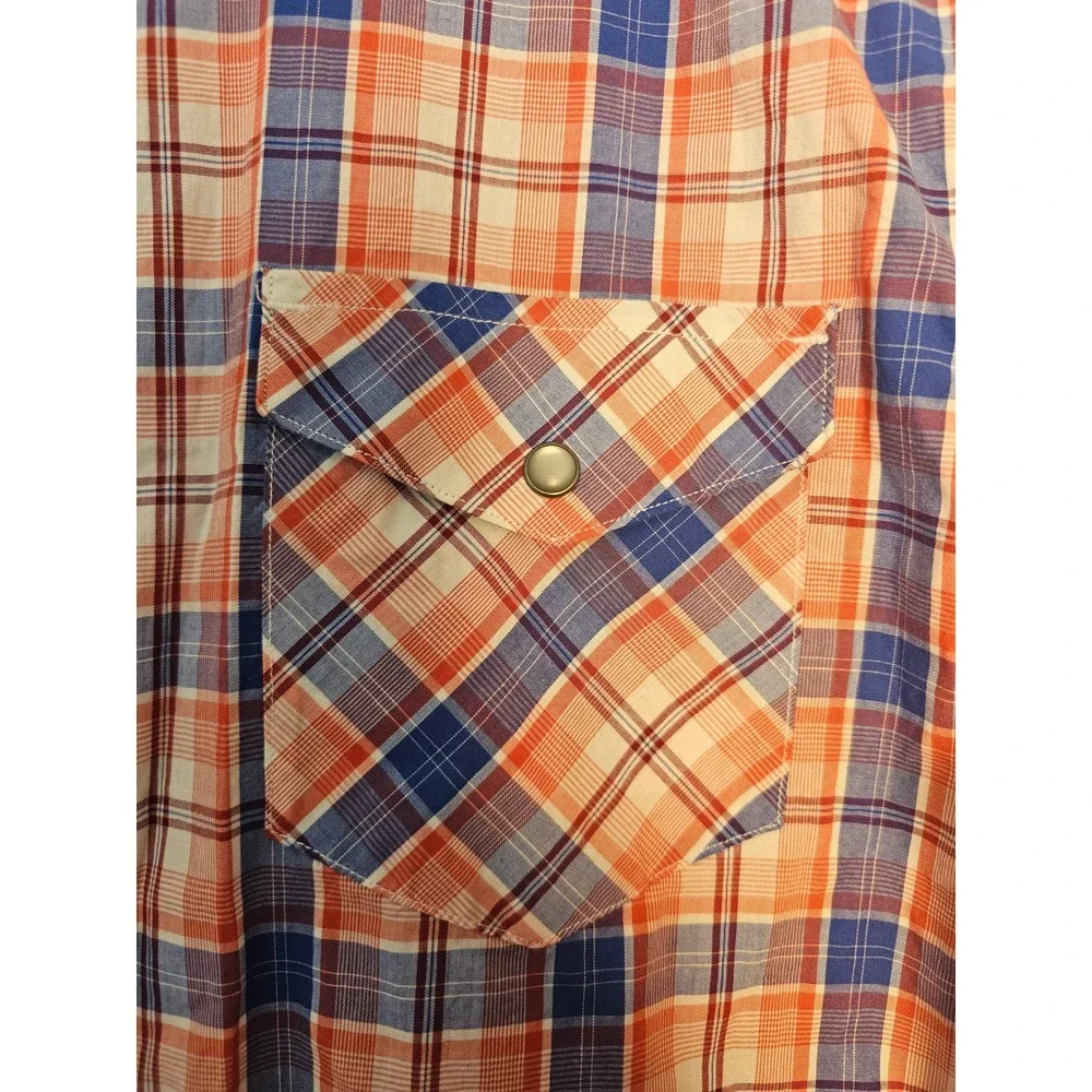 Western Banana Republic Plaid Shirt Mens Large Orange Blue Slim Fit Snap Front